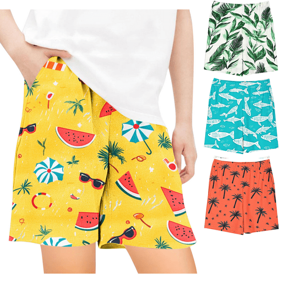Pounoo New 2025 Shorts for Girls 4-16 Children's Summer Beach Hawaiian Print Boys and Girls Elastic Waistband Pocket Casual Pants Loose Shorts Girls Shorts 7-8