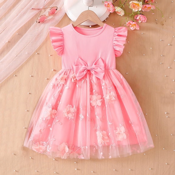 Pounoo New Dresses For Girls 3-8Years Girl Fashion Flower Mesh Flying Sleeve Tie Short Sleeve Round Neck Dress Kids Dresses Girls 4-16