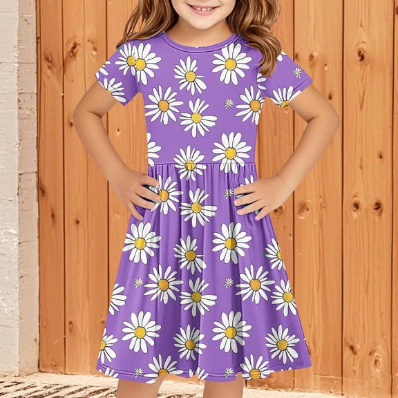 Pounoo New Dresses For Girls Fashion Print Short Sleeve Casual Dresses Round Neck Knee Length Dress Quick Drying Kids Dresses Girls 4-16