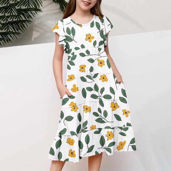 Pounoo New Dresses For Girls Fashion Print Short Sleeve Casual Dresses Round Neck Knee Length Dress With Pocket Quick Drying Kids Dresses Girls 4-16
