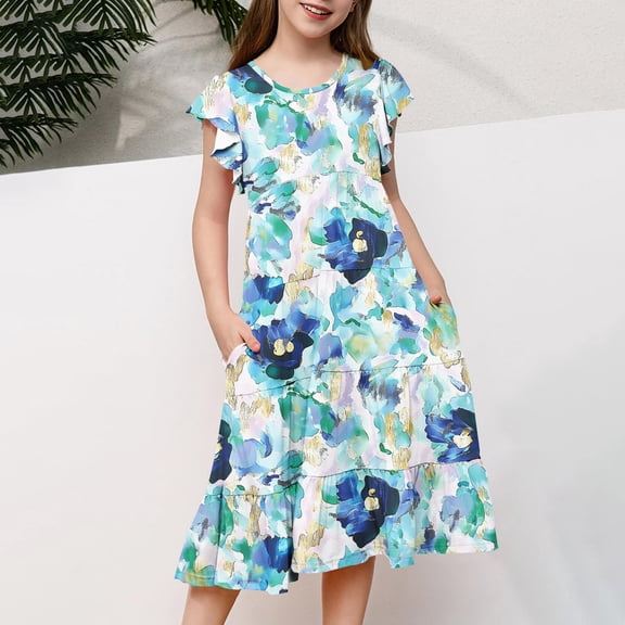 Pounoo New Dresses For Girls Fashion Print Short Sleeve Casual Dresses Round Neck Knee Length Dress With Pocket Quick Drying Kids Dresses Girls 4-16