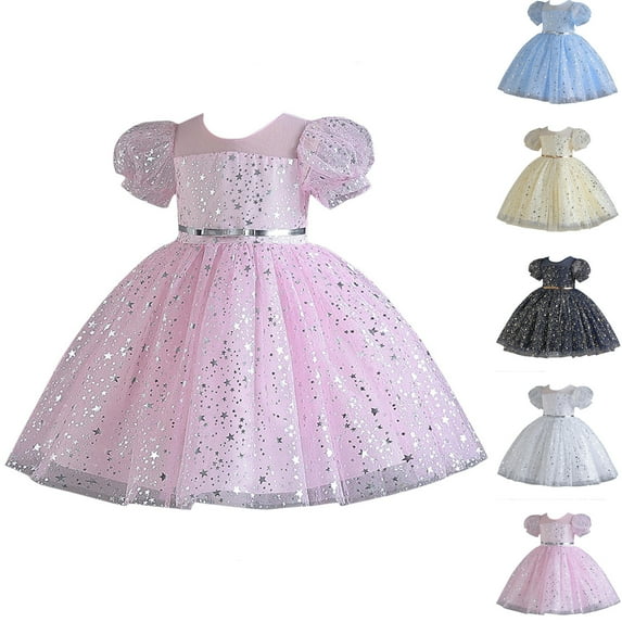 Pounoo New Dresses For Girls Flossy Sequined Short Sleeve Flower Girl Dresses Round Neck Long Dress Lace Breathable Kids Dresses Girls 4-16