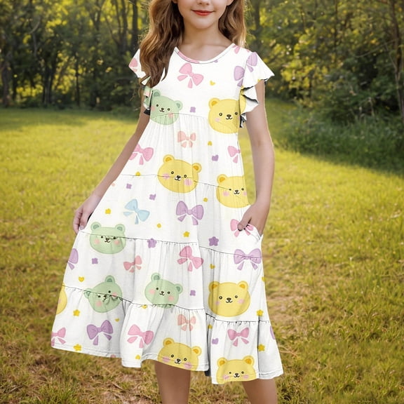 Pounoo New Dresses For Girls Girl'S Summer Dresses Ruffle Sleeve Tiered Swing Midi Casual Sundress With Pockets 6-15T Kids Dresses Girls 4-16