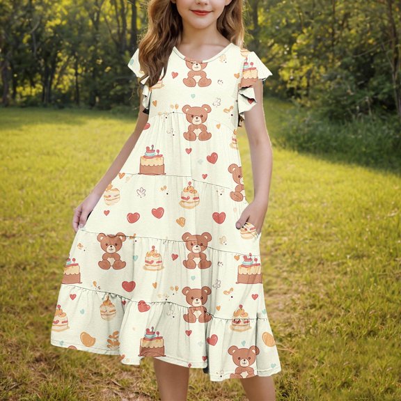 Pounoo New Dresses For Girls Girl'S Summer Dresses Ruffle Sleeve Tiered Swing Midi Casual Sundress With Pockets 6-15T Kids Dresses Girls 4-16