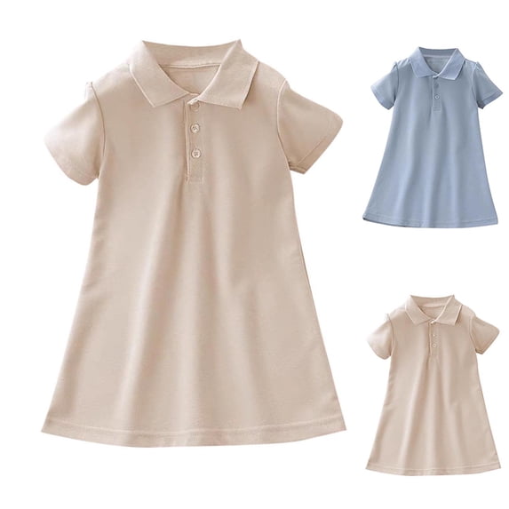 Pounoo New Dresses For Girls Leisure Solid Short Sleeve Casual Dresses Lapels Knee Length Dress Button Front Breathable Kids Dresses Girls 4-16