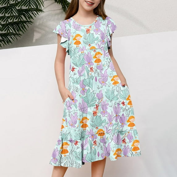 Pounoo New Dresses For Girls Loose Print Short Sleeve Casual Dresses Round Neck Knee Length Dress With Pocket Quick Drying Kids Dresses Girls 4-16