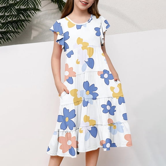 Pounoo New Dresses For Girls Trendy Print Short Sleeve Casual Dresses Round Neck Knee Length Dress With Pocket Quick Drying Kids Dresses Girls 4-16