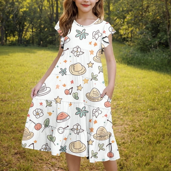 Pounoo New Dresses For Girls Trendy Print Short Sleeve Casual Dresses Round Neck Knee Length Dress With Pocket Skin-Friendly Kids Dresses Girls 4-16