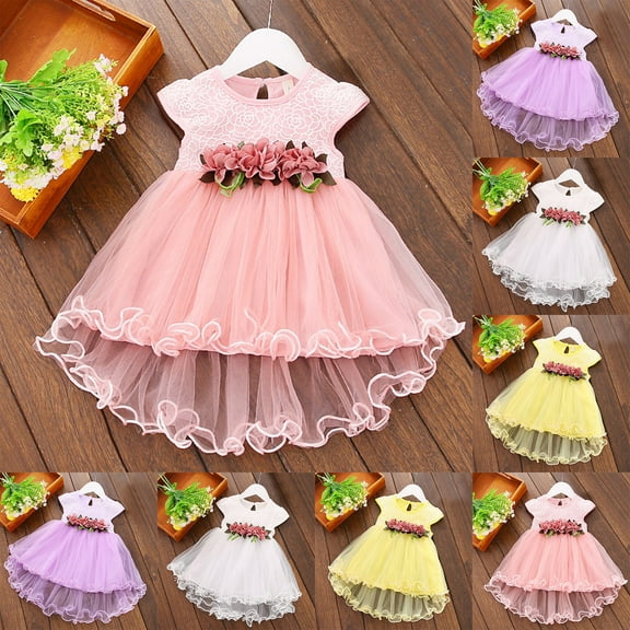 Pounoo New Dresses For Girls Trendy Print Sleeveless Flower Girl Dresses Round Neck Knee Length Dress Lace Skin-Friendly Kids Dresses Girls 4-16