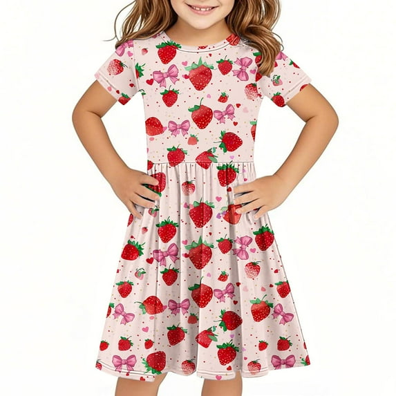 Pounoo New Dresses For Kids (4-14Y) Girl Simple Printed Short-Sleeved Skirt Pleated Dress Dresses For Girls 10-12