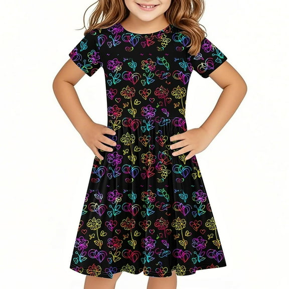 Pounoo New Dresses For Kids (4-14Y) Girl Simple Printed Short-Sleeved Skirt Pleated Dress Dresses For Girls 10-12