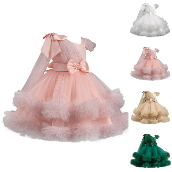Pounoo New Dresses For Kids Cute Print Short Sleeve Flower Girl Dresses Round Neck Long Dress Bowknot Lightweight Dresses For Girls 10-12