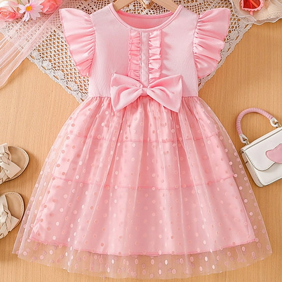 Pounoo New Dresses For Kids Cute Solid Sleeveless Flower Girl Dresses Round Neck Knee Length Dress Lace Bowknot Stretchable Dresses For Girls 10-12