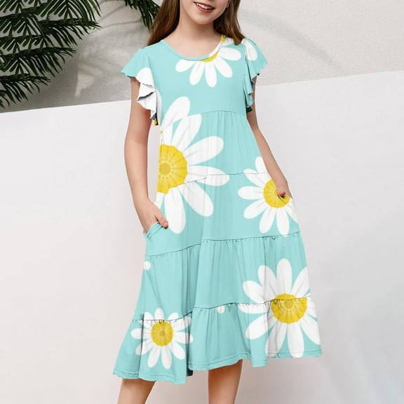 Pounoo New Dresses For Kids Girl'S Summer Dresses Ruffle Sleeve Tiered Swing Midi Casual Sundress With Pockets 6-15T Dresses For Girls 10-12