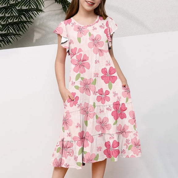 Pounoo New Dresses For Kids Girl Summer Flower Print Short Sleeve Ruffled Pockets Round-Neck Printed Dress For Kids Dresses For Girls 10-12