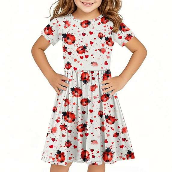 Pounoo New Dresses For Kids Leisure Print Short Sleeve Casual Dresses Round Neck Knee Length Dress Lightweight Dresses For Girls 10-12