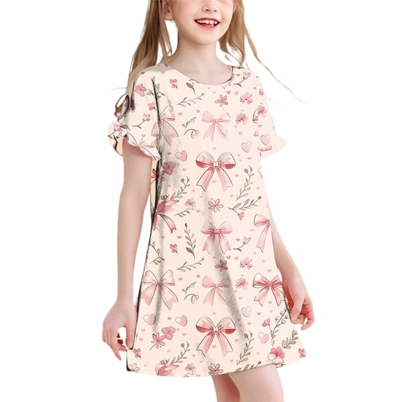 Pounoo New Dresses For Kids Leisure Print Short Sleeve Casual Dresses Round Neck Knee Length Dress Lightweight Dresses For Girls 10-12