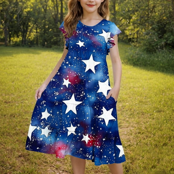 Pounoo New Dresses For Kids Leisure Print Short Sleeve Casual Dresses Round Neck Knee Length Dress With Pocket Lightweight Dresses For Girls 10-12