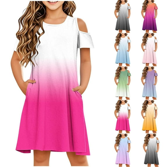 Pounoo New Dresses For Kids Loose Gradation Short Sleeve Casual Dresses Round Neck Knee Length Dress With Pocket Lightweight Dresses For Girls 10-12