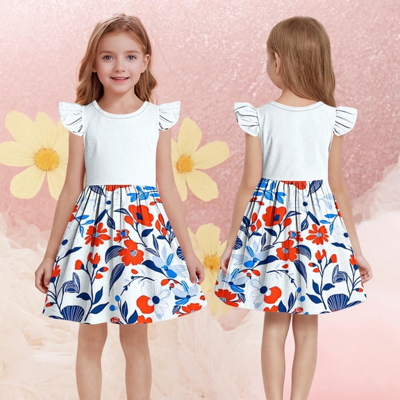 Pounoo New Dresses For Kids Trendy Print Sleeveless Flower Girl Dresses Round Neck Knee Length Dress Lightweight Dresses For Girls 10-12