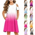 thumbnail image 1 of Pounoo New Dresses For Girls Leisure Gradation Short Sleeve Casual Dresses Round Neck Knee Length Dress With Pocket Quick Drying Kids Dresses Girls 4-16, 1 of 9