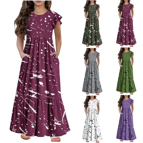 Pounoo New Dresses For Kids Girls Summer Ruffle Short Sleeve Crew Neck Loose Casual Flowy Tiered Maxi Dress With Pockets For 6-12 Y Dresses For Girls 10-12