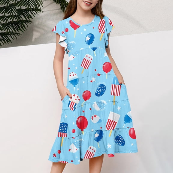 Pounoo New Girls Dresses 10-12 (6-15 Y) Girl Summer Short Sleeve Flying Sleeve Round Neck Flower Element Printed Waist Pocket Layered Dress Dresses For Kids Girls