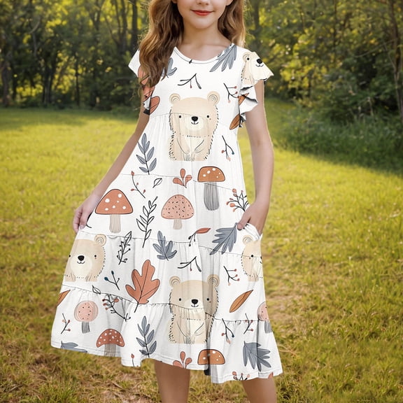Pounoo New Girls Dresses 10-12 Cute Print Short Sleeve Casual Dresses Round Neck Knee Length Dress With Pocket Skin-Friendly Dresses For Kids Girls