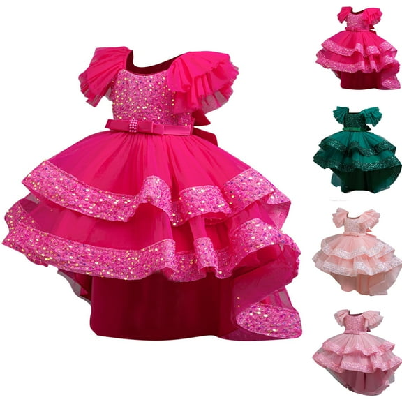 Pounoo New Girls Dresses 10-12 Cute Sequined Short Sleeve Flower Girl Dresses Squard-Neck Long Dress Lace Bowknot Breathable Dresses For Kids Girls