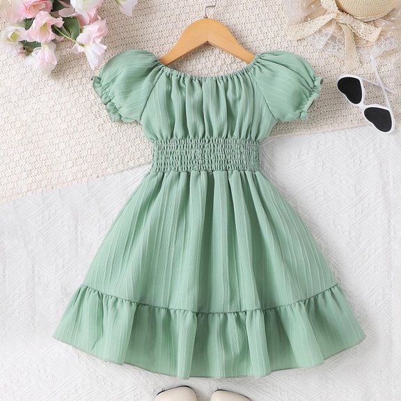 Pounoo New Girls Dresses 10-12 Girls Summer Puff Sleeve Square Neck Smocked Ruffle Trim Flowy Midi Dress 2-7 Years Dresses For Kids Girls