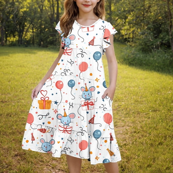 Pounoo New Girls Dresses 10-12 Leisure Print Short Sleeve Casual Dresses Round Neck Knee Length Dress With Pocket Skin-Friendly Dresses For Kids Girls