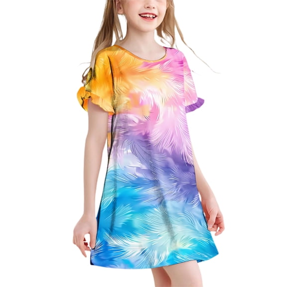 Pounoo New Girls Dresses 10-12 Leisure Print Short Sleeve Casual Dresses Round Neck Knee Length Dress Skin-Friendly Dresses For Kids Girls