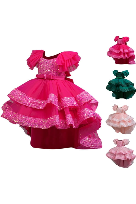 New Girls Dresses 10-12 Trendy Sequined Short Sleeve Flower Girl Dresses Squard-Neck Long Dress Lace Bowknot Breathable Dresses For Kids Girls
