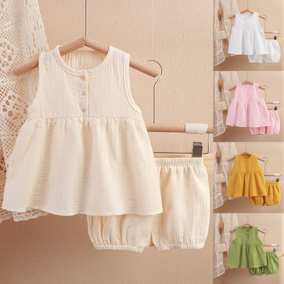 Pounoo New Girls Dresses 10-12 Trendy Solid Sleeveless Casual Dresses Round Neck Knee Length Dress Button Front Breathable Dresses For Kids Girls