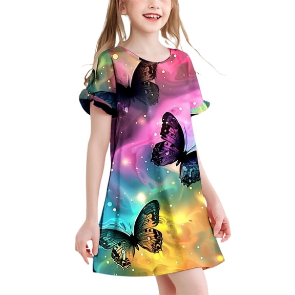 Pounoo New Kids Dresses Girls 3-12 Years Children'S Fashion Printed Dreamy Short Sleeved Round Neck Dress Girls Dresses 7-8