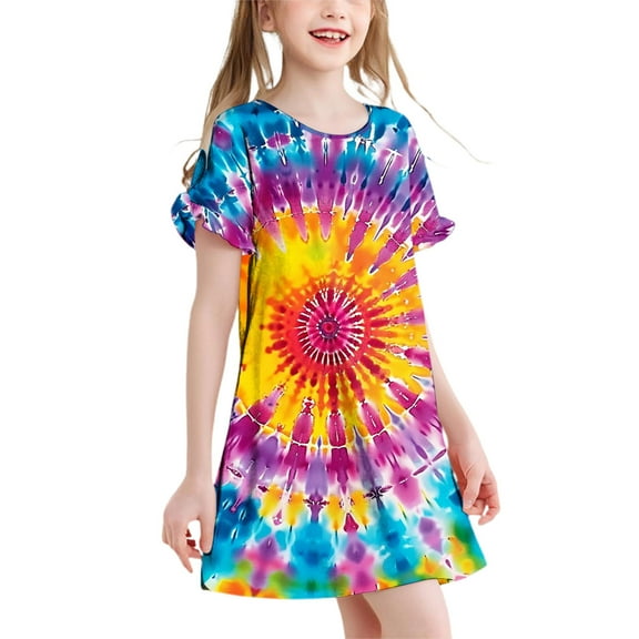 Pounoo New Kids Dresses Girls 3-12 Years Children'S Fashion Printed Dreamy Short Sleeved Round Neck Dress Girls Dresses 7-8