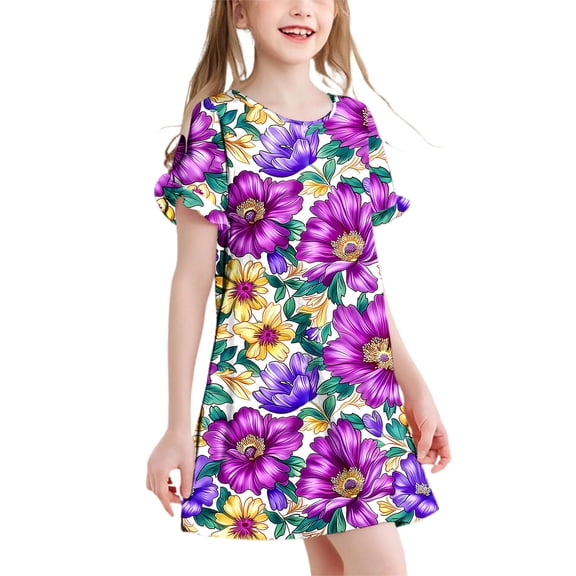 Pounoo New Kids Dresses Girls 3-12 Years Children'S Fashion Printed Dreamy Short Sleeved Round Neck Dress Girls Dresses 7-8