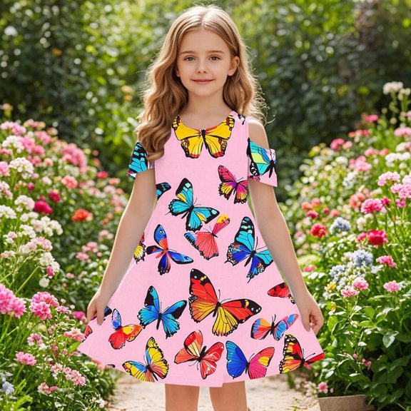 Pounoo New Kids Dresses Girls Cute Print Short Sleeve Casual Dresses Round Neck Knee Length Dress With Pocket Soft Comfort Girls Dresses 7-8