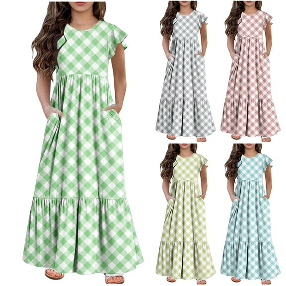 Pounoo New Kids Dresses Girls Cute Print Sleeveless Casual Dresses Round Neck Long Dress With Pocket Lightweight Girls Dresses 7-8