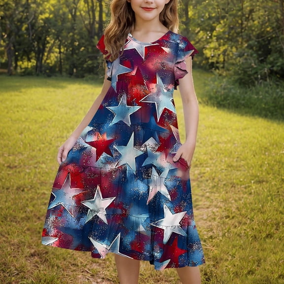 Pounoo New Kids Dresses Girls Fashion Print Short Sleeve Casual Dresses Round Neck Knee Length Dress With Pocket Lightweight Girls Dresses 7-8