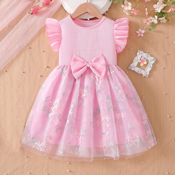 Pounoo New Kids Dresses Girls Glitzy Print Sleeveless Flower Girl Dresses Round Neck Knee Length Dress Lace Bowknot Stretchable Girls Dresses 7-8