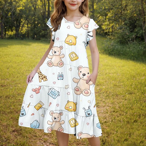 Pounoo New Kids Dresses Girls Leisure Print Short Sleeve Casual Dresses Round Neck Knee Length Dress With Pocket Stretchable Girls Dresses 7-8