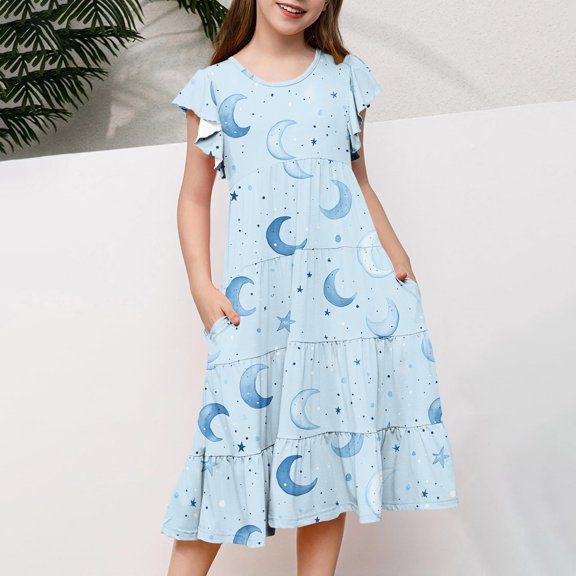Pounoo New Kids Dresses Girls Leisure Print Short Sleeve Casual Dresses Round Neck Knee Length Dress With Pocket Stretchable Girls Dresses 7-8