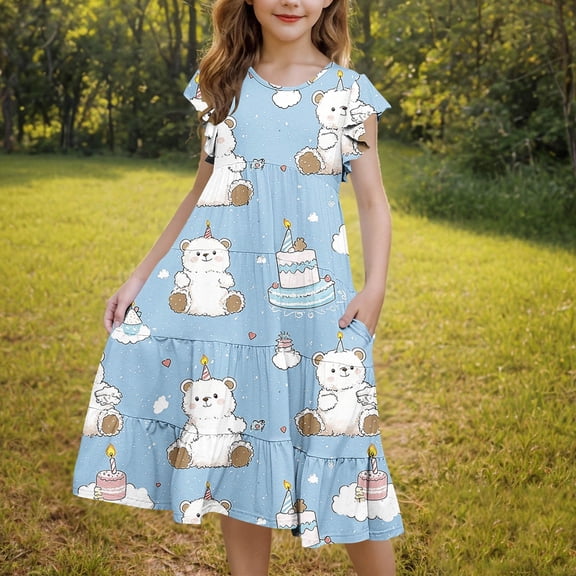 Pounoo New Kids Dresses Girls Leisure Print Short Sleeve Casual Dresses Round Neck Knee Length Dress With Pocket Stretchable Girls Dresses 7-8