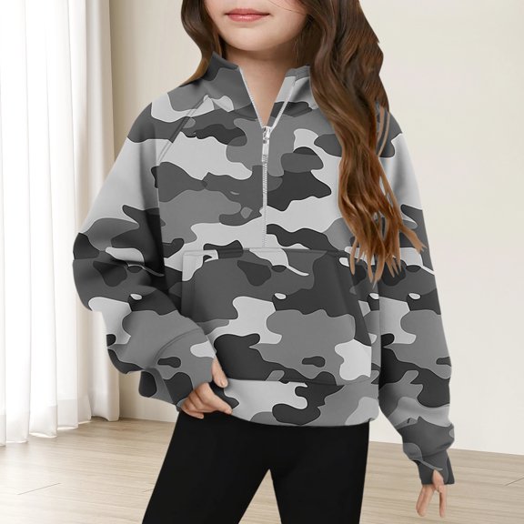 Pounoo New Style Cute Long Blouses for Girl Camouflage Zip Mock Neck Long Sleeve Tops Half Zipper with Pocket Lightweight Girls Sweatshirts