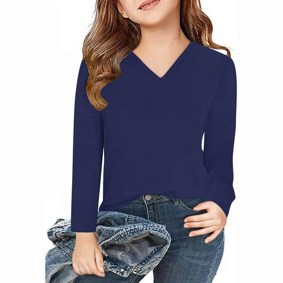 Pounoo New Style Pullover Sweater for Girls Long Sleeve Shirts V-Neck Solid Skin-Friendly Girls Sweatshirts Sweatshirts for Teens