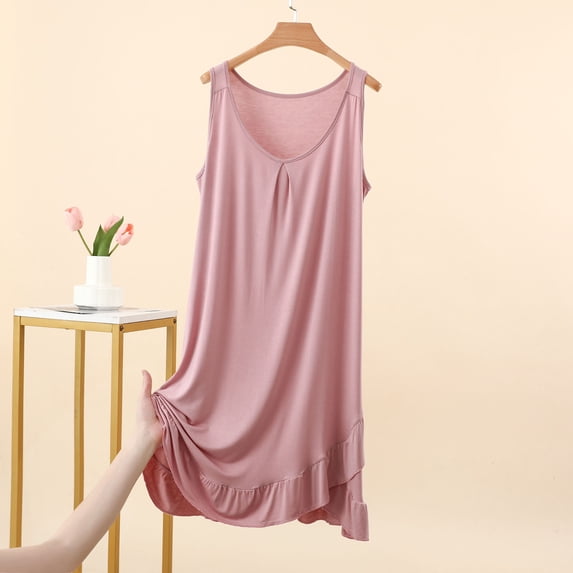 Pounoo Nightgowns for Women Sleeveless Ruffle Hem Loose Fit Modal Solid Sleep Dresses Cozy Breathable Lightweight Loungewear Gift