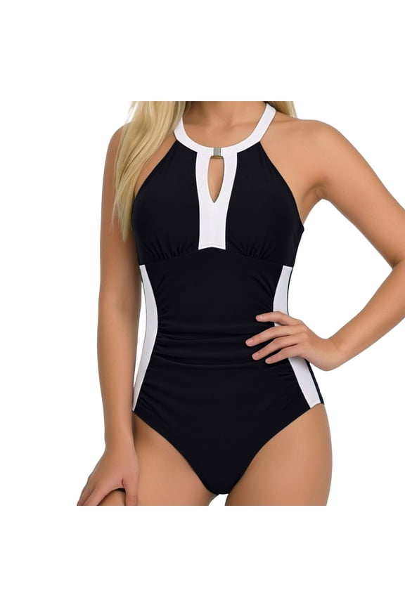 One Piece Swimsuits for Women Halter Neck Color Block Keyhole Cutout Tummy Control Swimsuits Slim Fit Beach Vacation Pool Outfits Gift