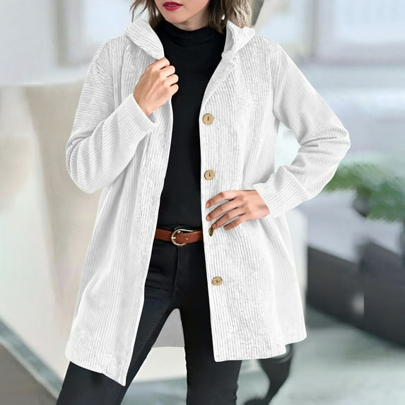 Pounoo Oversized Corduroy Long Sleeve Shirt for Women Button Up V Neck Blouses Tops Loose Shacket Jacket with Pockets Gift