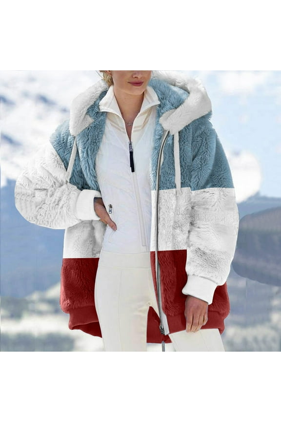 Oversized Fuzzy Fleece Jackets for Women Winter Warm Thick Fuzzy Fleece Hooded Coat Color Block Outwear with Pockets